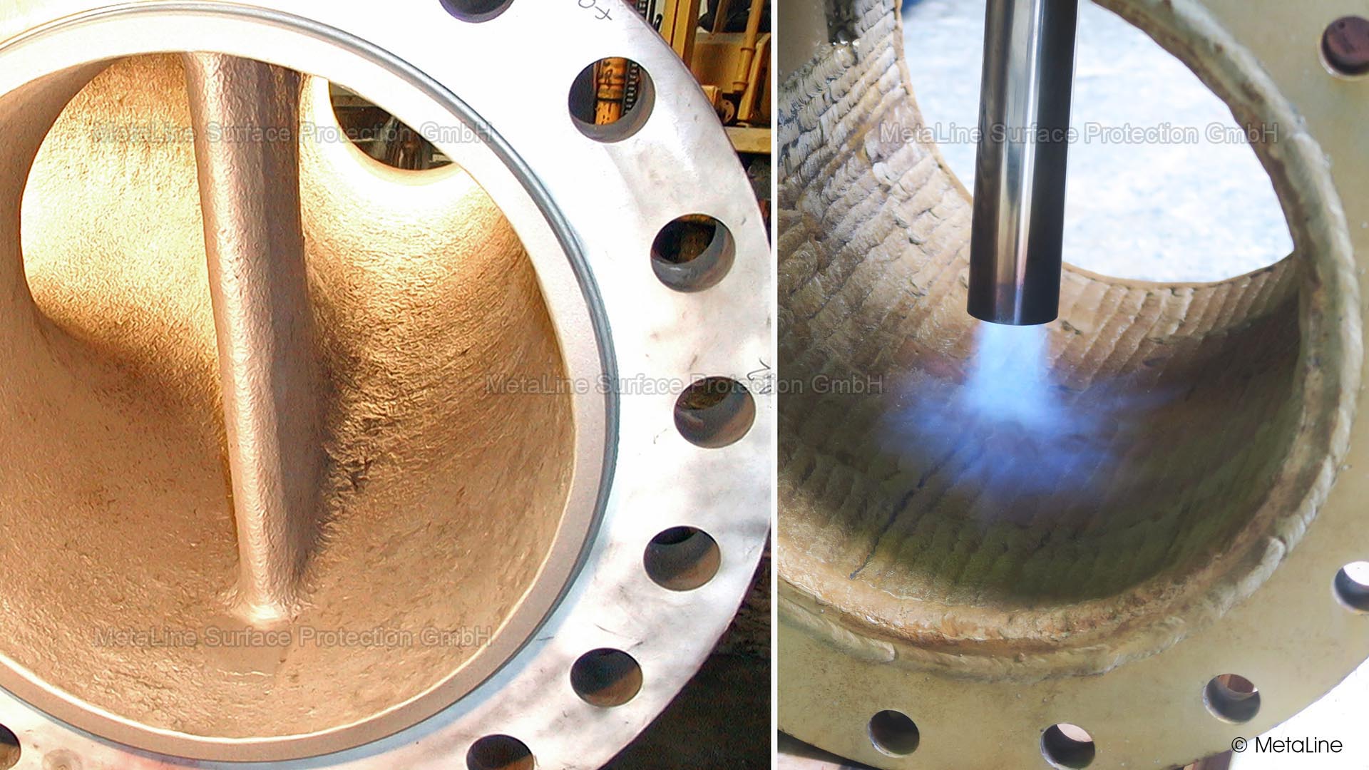 Internal pipe sealing - here the sandblasted and cleaned surface of an industrial cooling water system. Sealing does not necessarily have to be done from the outside. It is usually much more logical and promising to seal from the inside!