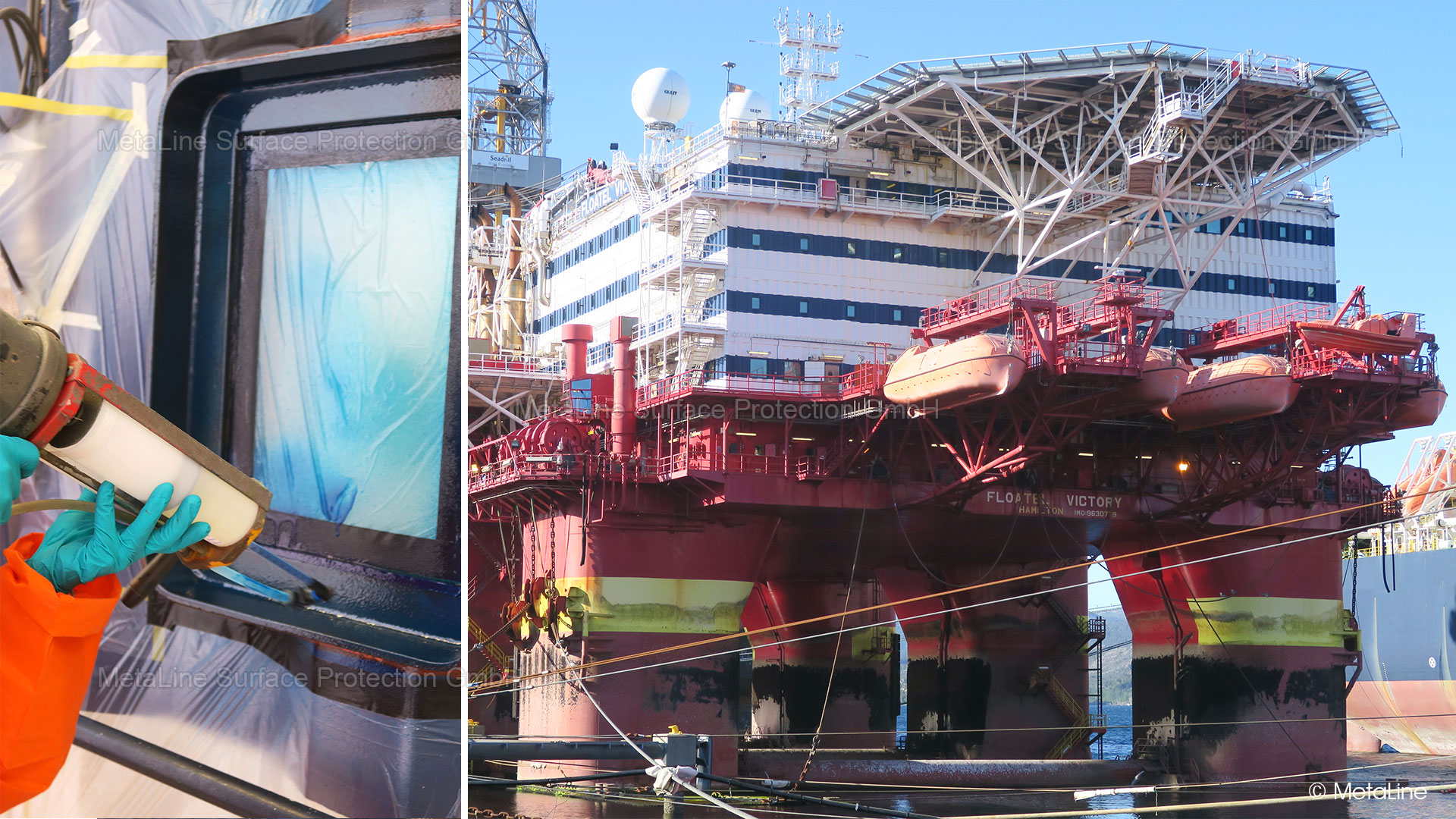 Sigillatura dell'acciaio - non in acqua, ma sull'acqua! Qui sono state sigillate centinaia di finestre di una piattaforma residenziale offshore. I telai delle finestre in acciaio presentavano crepe che sono state colmate e sigillate con MetaLine 785!