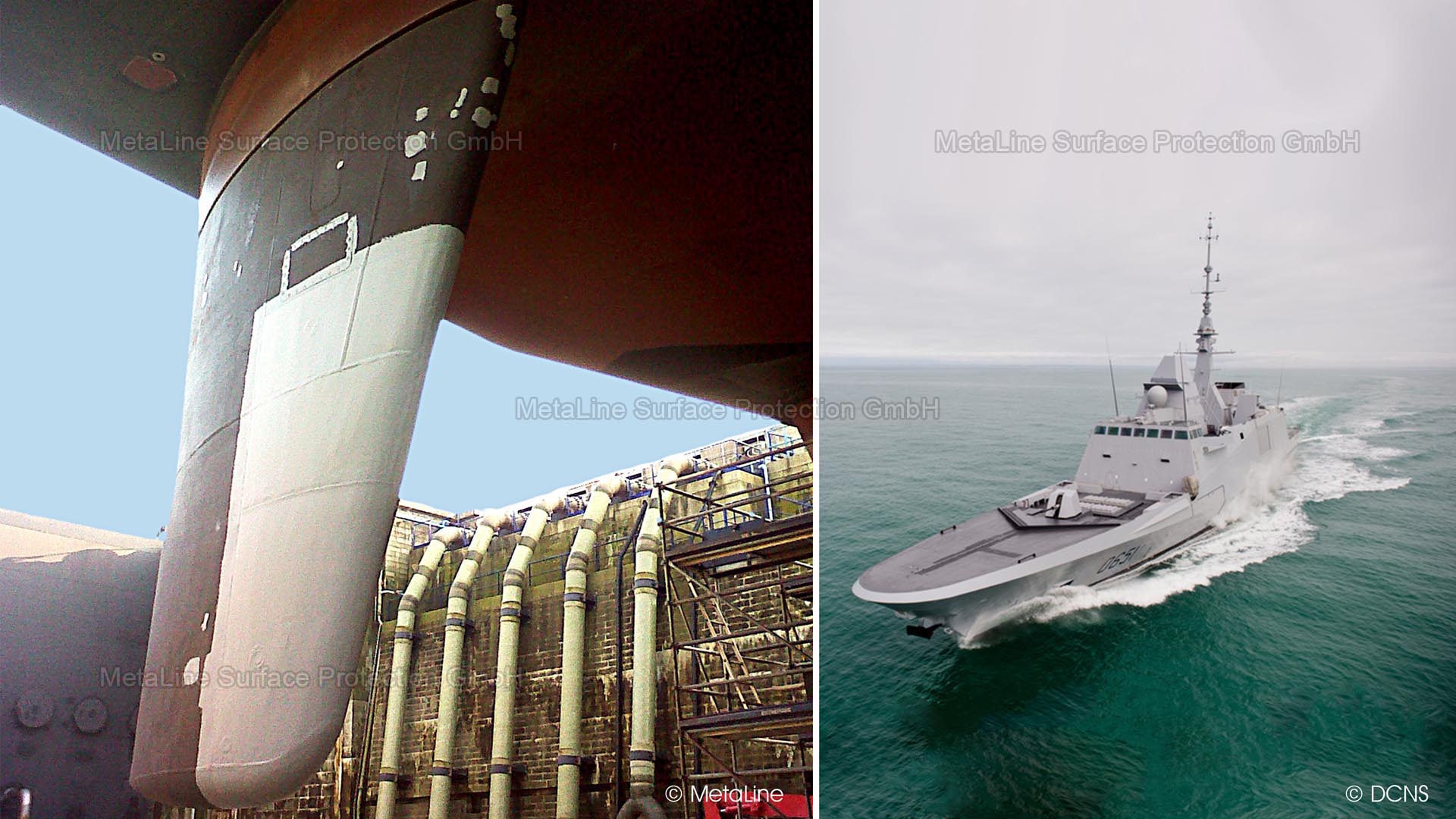 Rudder coating against cavitation and wear - on these multi-mission frigates (FREMM), MetaLine 785 protects the two rudder blades - as standard ex works - from the enormous thrust energy of the 38 megawatt gas turbine