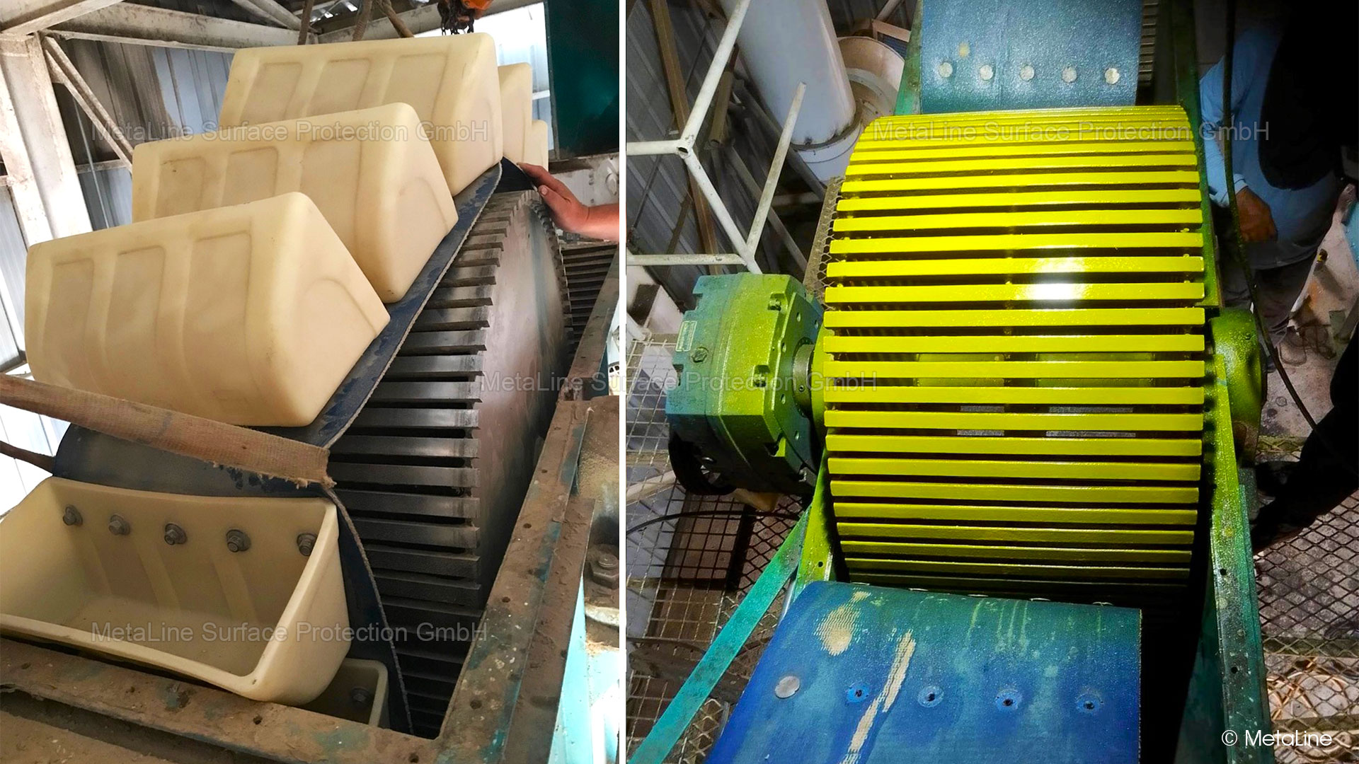 Elevator bucket - the drive pulley of this conveyor belt of an elevator bucket system was coated with 3 mm (120 mils) MetaLine 785. The static friction had to be increased to prevent the belt from slipping