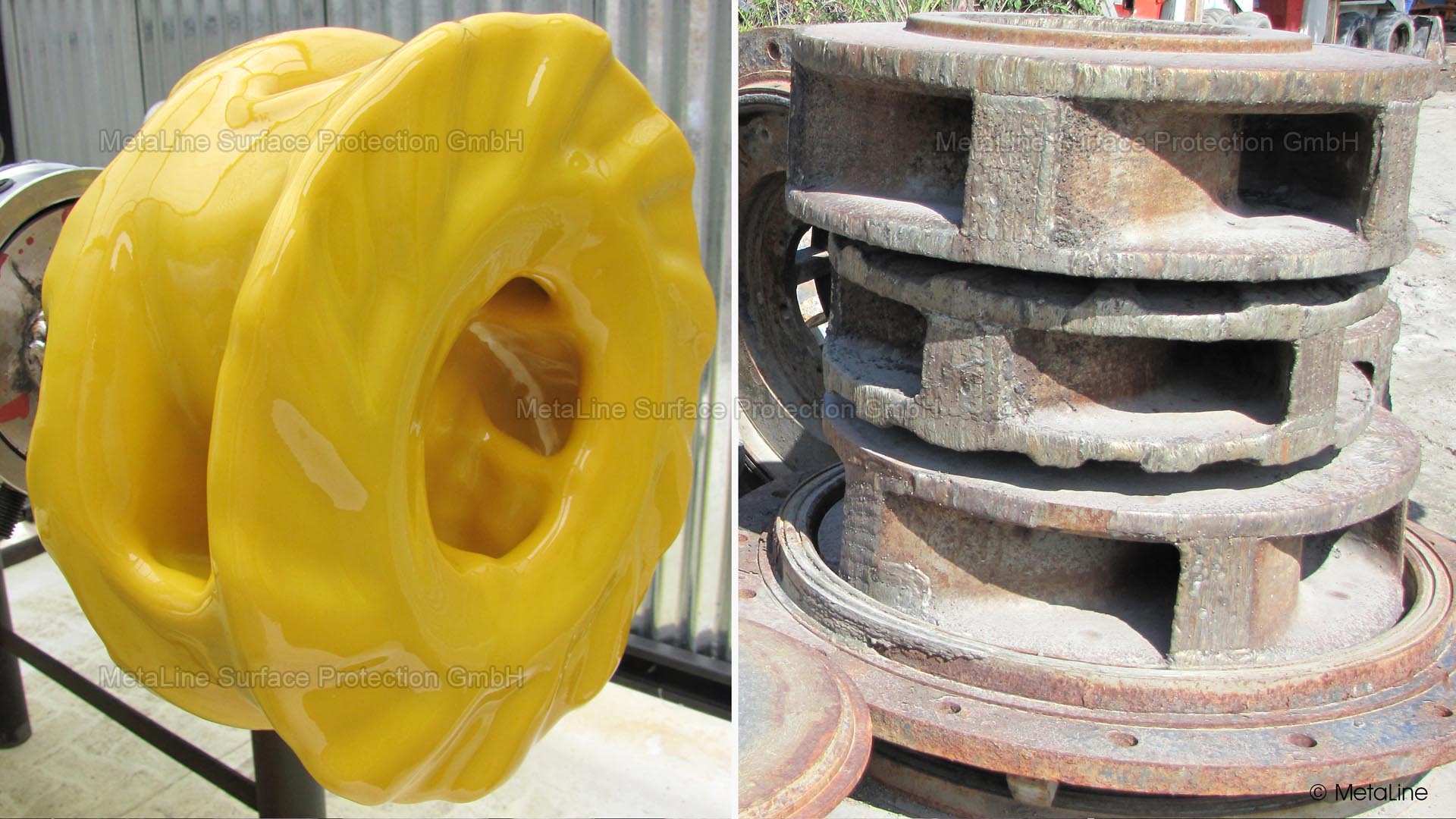 Regeneración de la bomba - un rodete de bomba altamente resistente al desgaste del fabricante Warman™ tras su regeneración y recubrimiento con MetaLine 785. El cliente optó por el elastomerizado MetaLine porque el material original ya no es soldable ni reparable debido a su Dureza