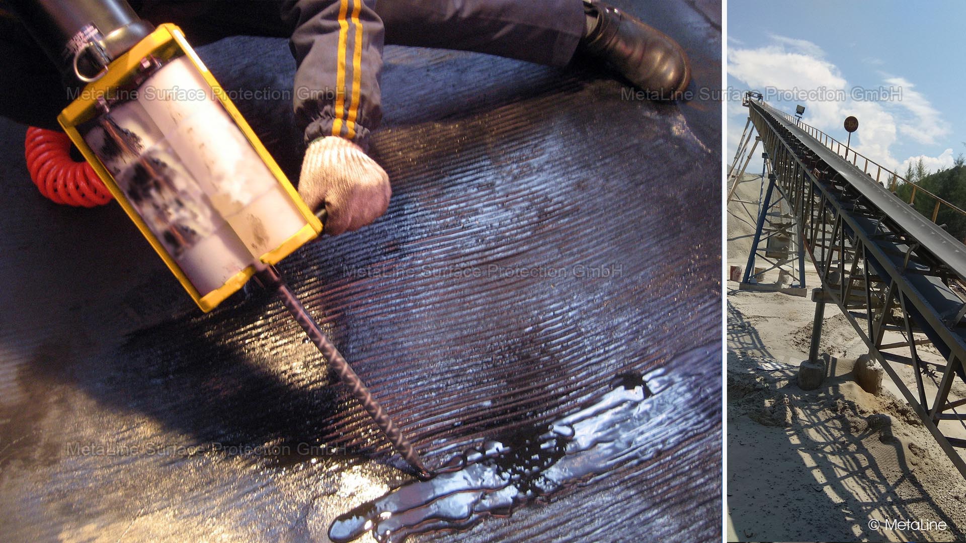 Conveyor belt repair - MetaLine 760 is applied step by step to the professionally prepared and primed conveyor belt. Once started, the application must be completed promptly to avoid soiling during the work