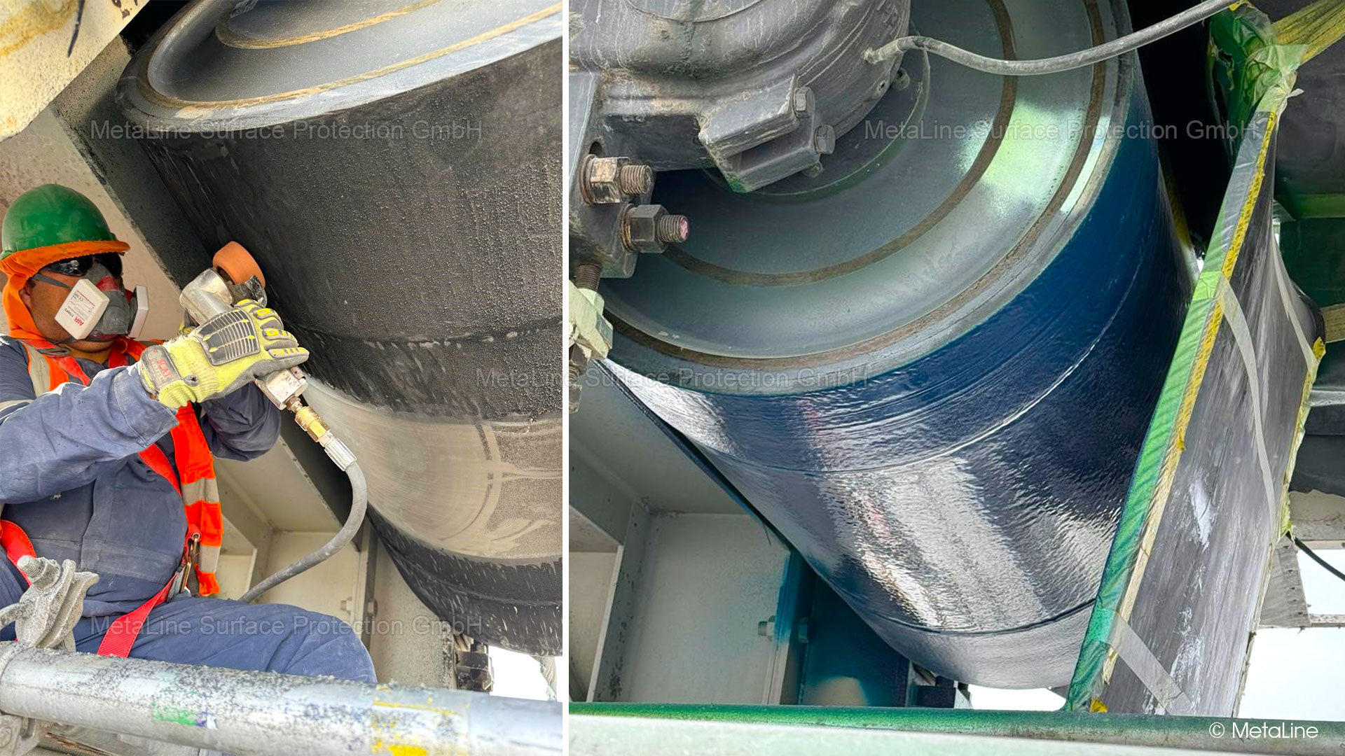 Pulley coating - an unusual repair when the roller is installed. Technically not the first choice, but if time does not permit otherwise, MetaLine 785 has the proverbial flexibility for the most unusual solutions . . .