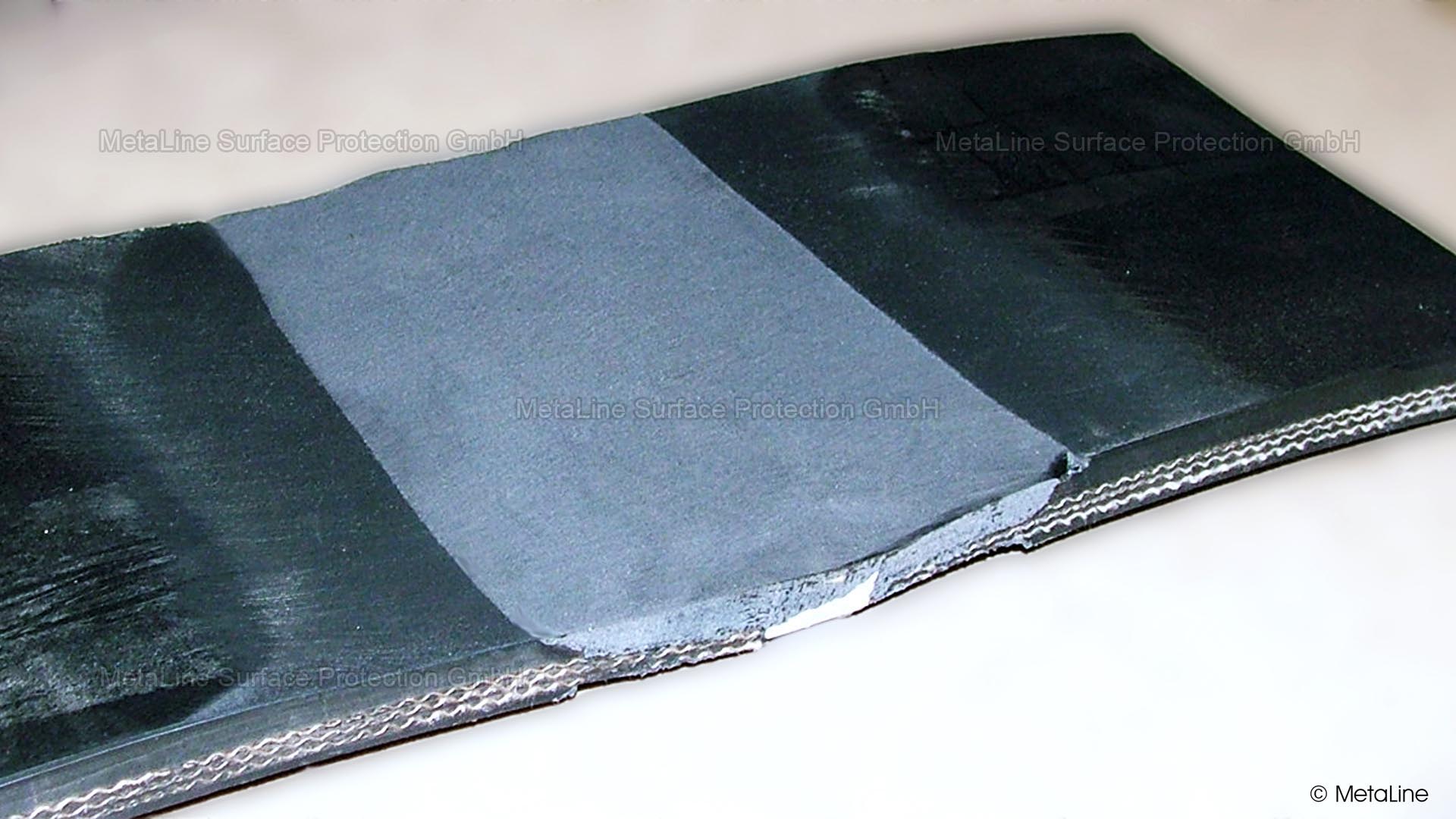 Rubber belt repair - diagram of overcoating a belt fastener (splicing) - here after grinding the MetaLine 760 to final dimensions