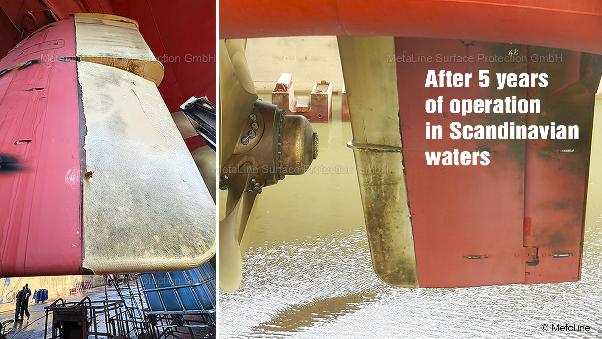 Cavitation protection coating - MetaLine 785 (beige) after more than 5 years in use on this Danish 231 meter ferry. All previous coating measures using epoxy ceramics were worn out after a maximum of 12 months