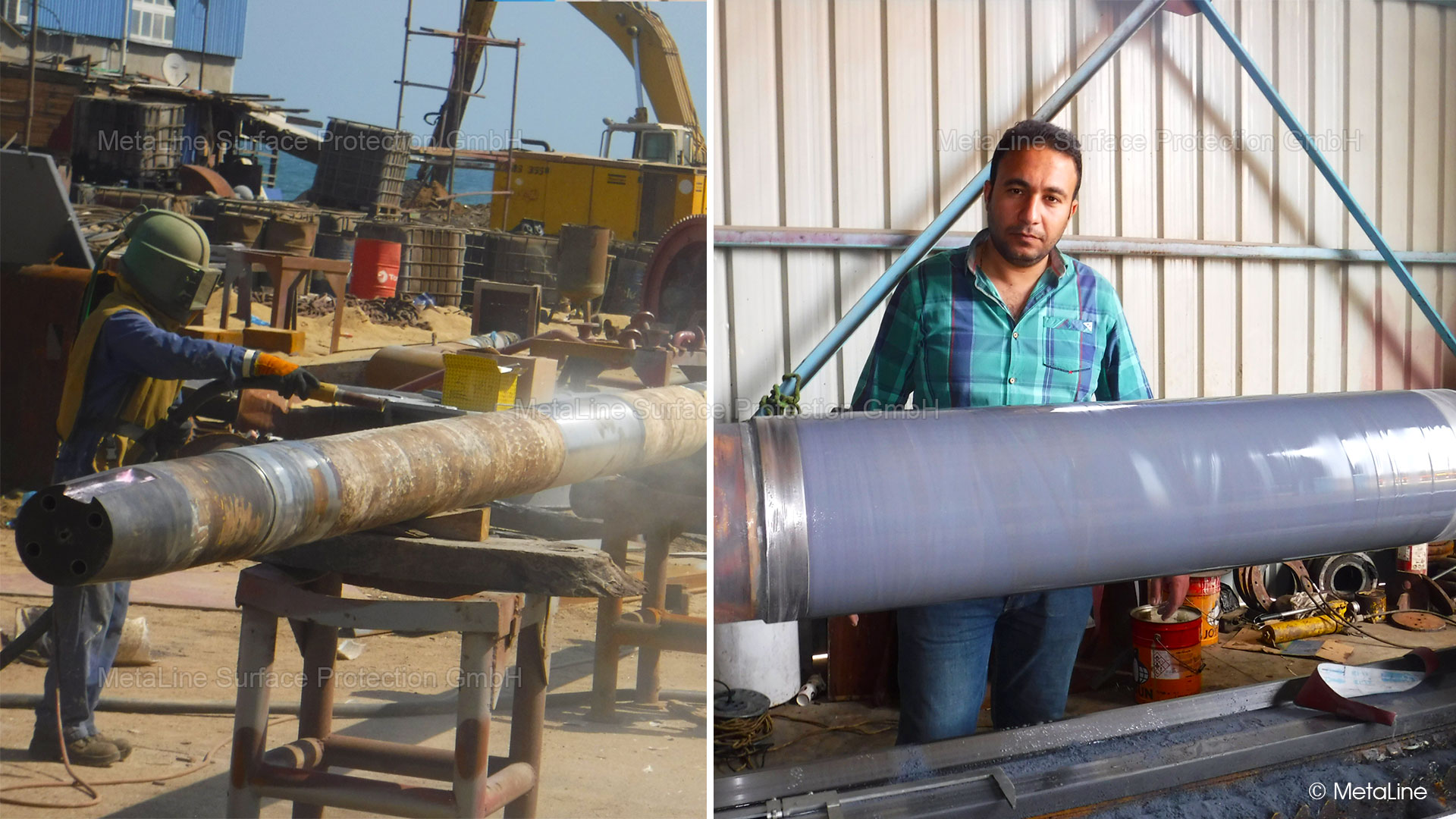 Ship shaft repair - a local damage on this shaft was reconditioned with the MetaLine SXL under rotation and then ground down to the nominal dimension. The repair was permissible because the shaft stability was sufficient and the damage resulted from a bearing problem and not from a fundamentally insufficient mechanical resistance.