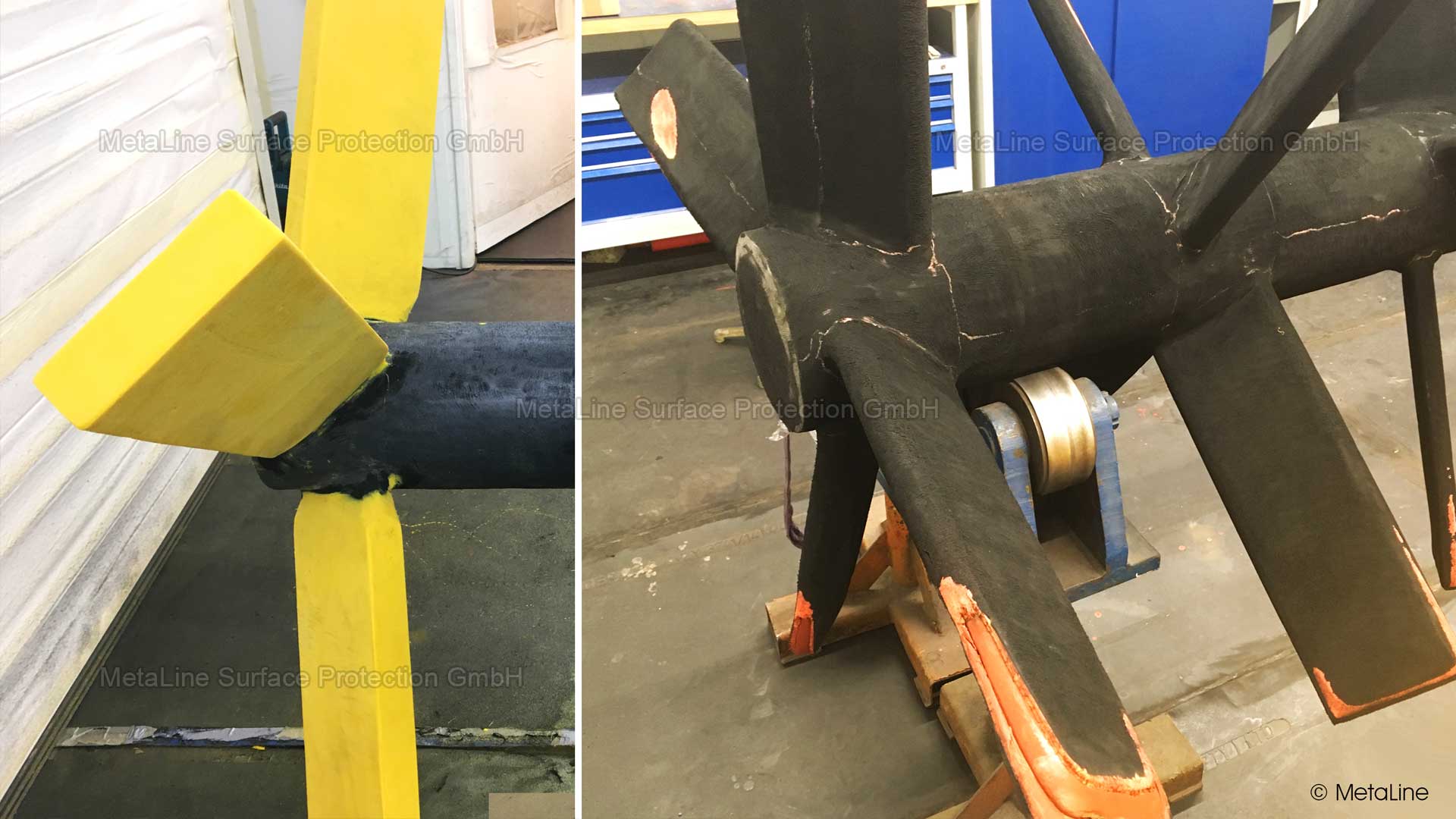 Recubrimiento protector para agitadores: como suele suceder, todo depende de los bordes. Y estos son, claramente, el punto débil del recubrimiento de hule que se ve en la imagen de la derecha. En la imagen de la izquierda se ve la consecuencia lógica de ello: una protección sólida para los bordes con MetaLine 785 que realmente resiste. ¡Vertido en el lugar, no rociado!