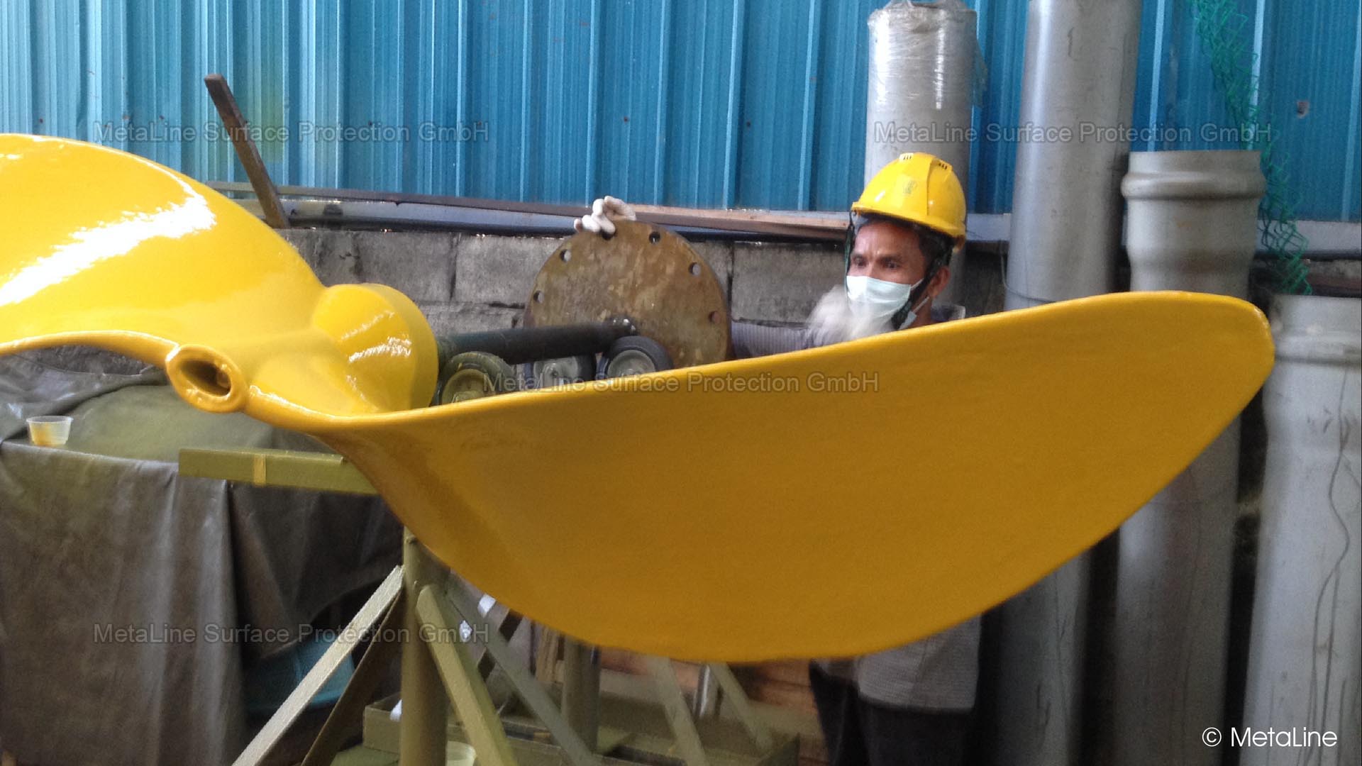 Agitator protective coating - this mixer manufactured by KSB Germany had been severely injured by an impacting foreign object and the FRP structure has suffered. A spare part would have costed about 3.000,- EUR plus a longer transport time. MetaLine 785 has solved the problem directly in Malaysia, plus added an improved impact resistance to the full wing structure