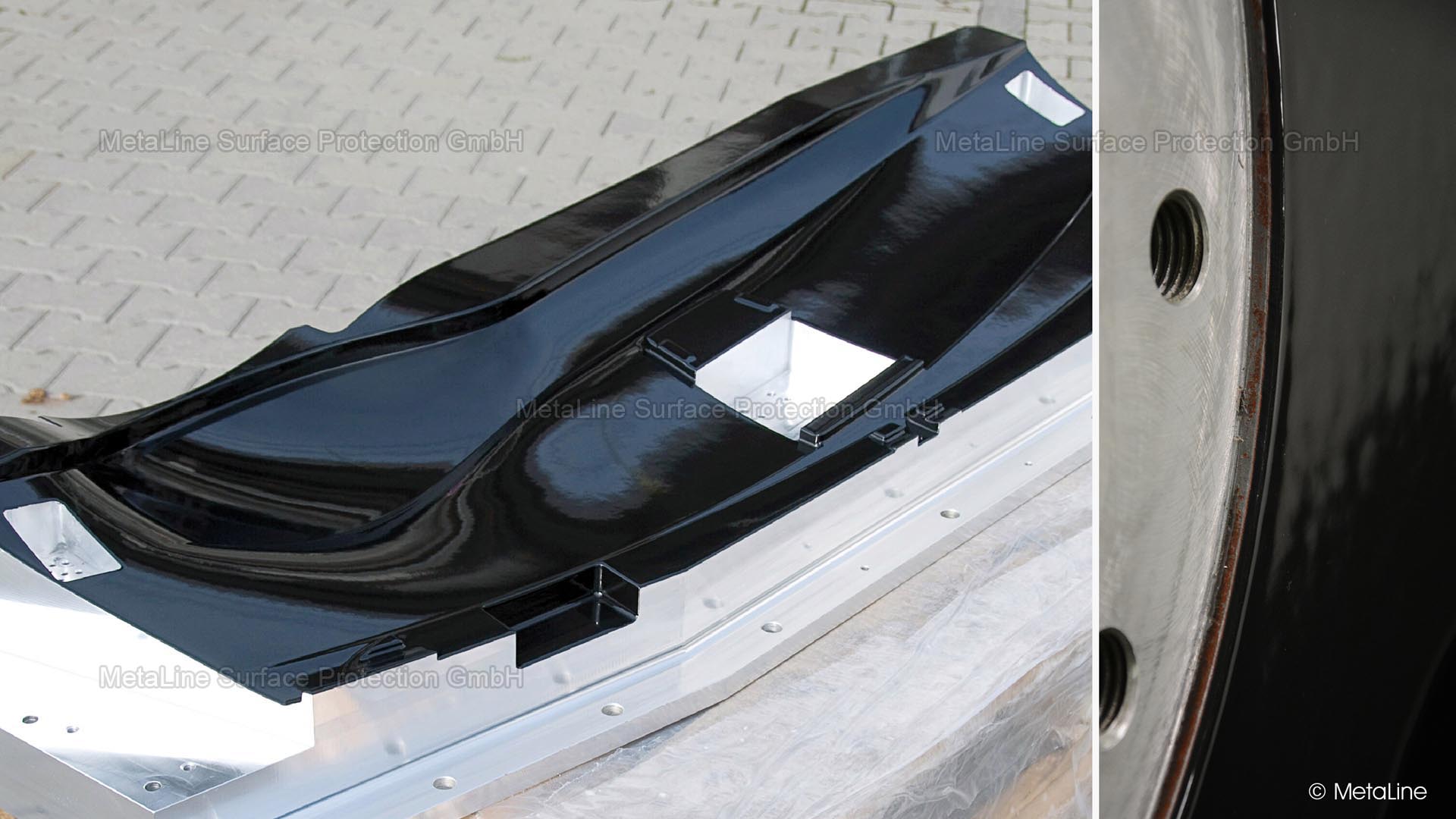 Revestimento de ferramentas de soldadura - Ferramenta de soldadura por ultra-sons para a proteção do cockpit de um automóvel, revestida com MetaLine 580 de 1,0 mm. Precisão +/- 0,2 mm. Os revestimentos MetaLine são recomendados pelos principais fabricantes de equipamentos de soldadura por ultra-sons e por fricção