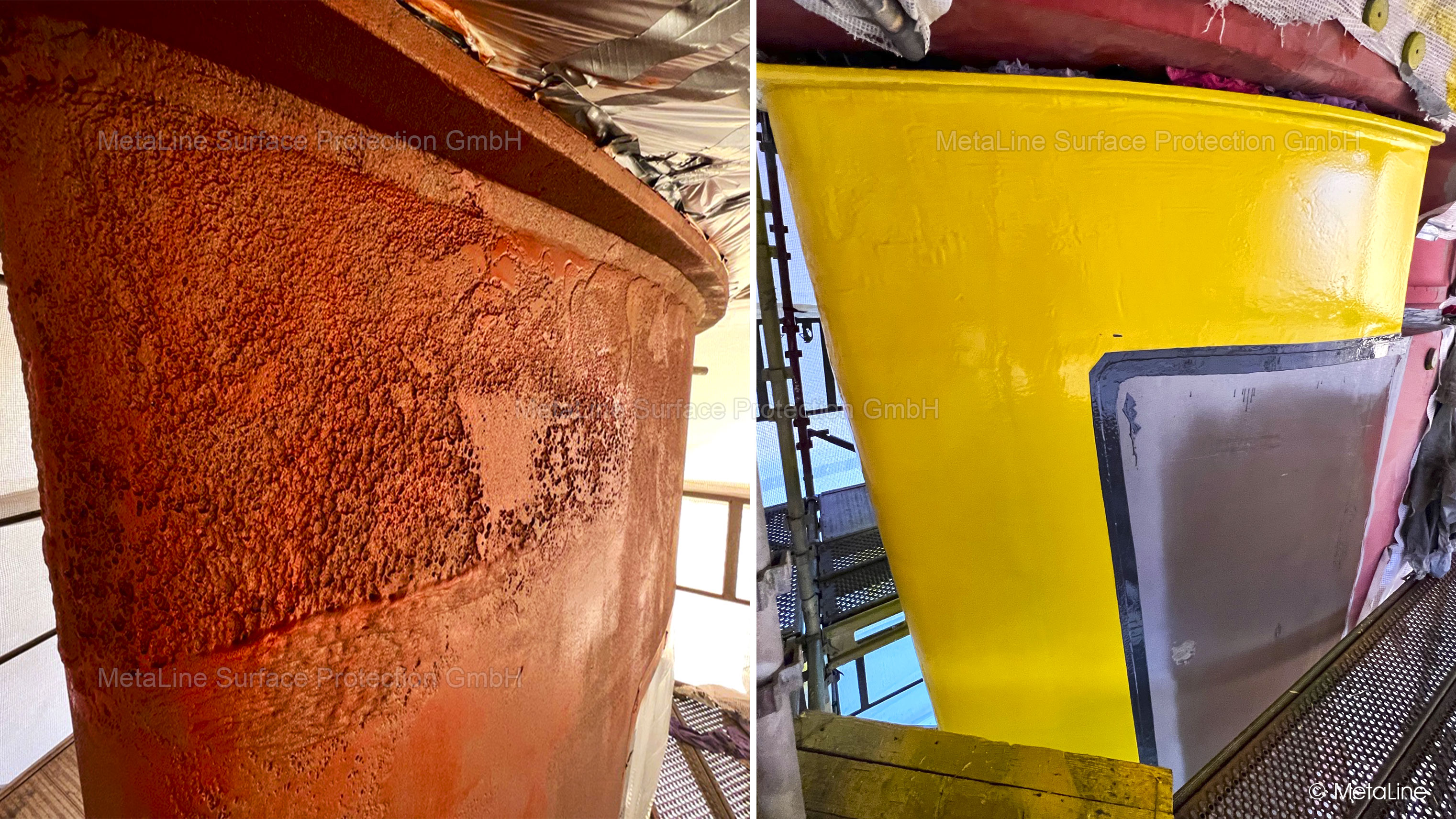Rudder blade cavitation protection - this is what severe cavitation damage looks like: Localized, sharp-edged, deep and dangerous. And this is what the solution looks like: Soft, rubber-like surface properties that can withstand simultaneous pressure and tension better than steel: MetaLine 785!