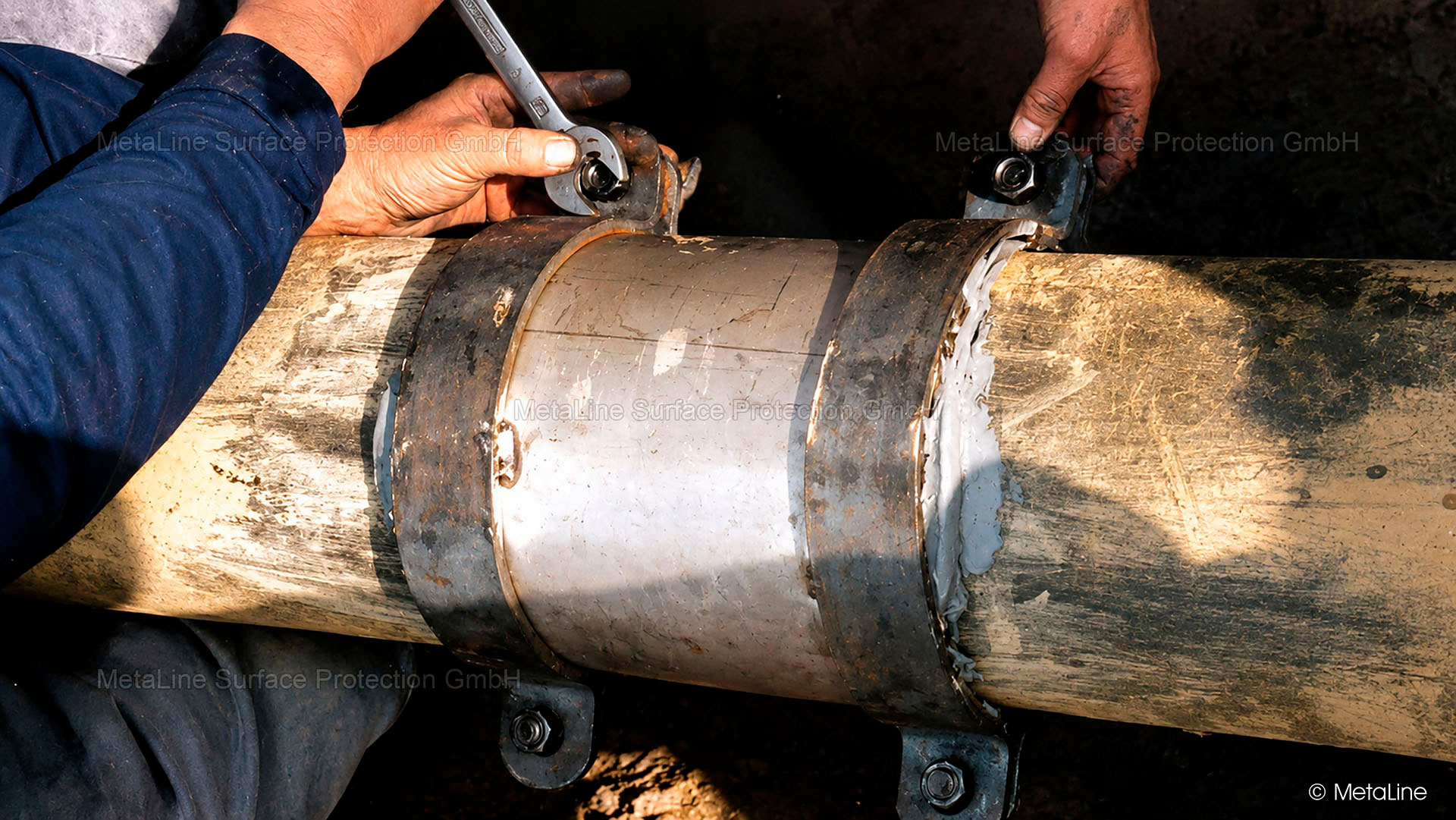 Leakage sealing - MetaLine repair ceramic SXL is used to seal a pressurized water pipe made of HDPE (heavy duty polyethylene). Prior, shock-like flame treatment is required for adhesion to non-polar plastics. We will be happy to explain why and how this works!