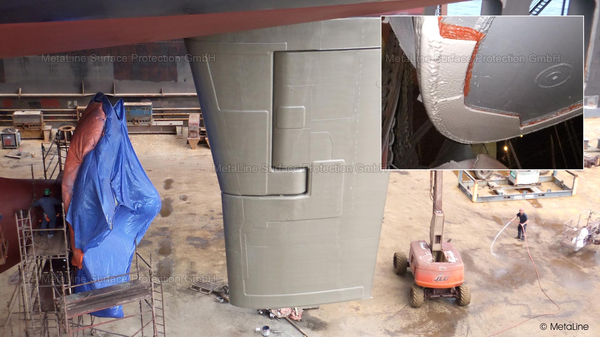 Rudder blade coating - MetaLine 785 as a special cavitation protection coating on this rudder blade of a container ship (5,760 TEU). Working with a family-owned company like MetaLine means: short distances, quick decisions and clear statements! Just give it a try