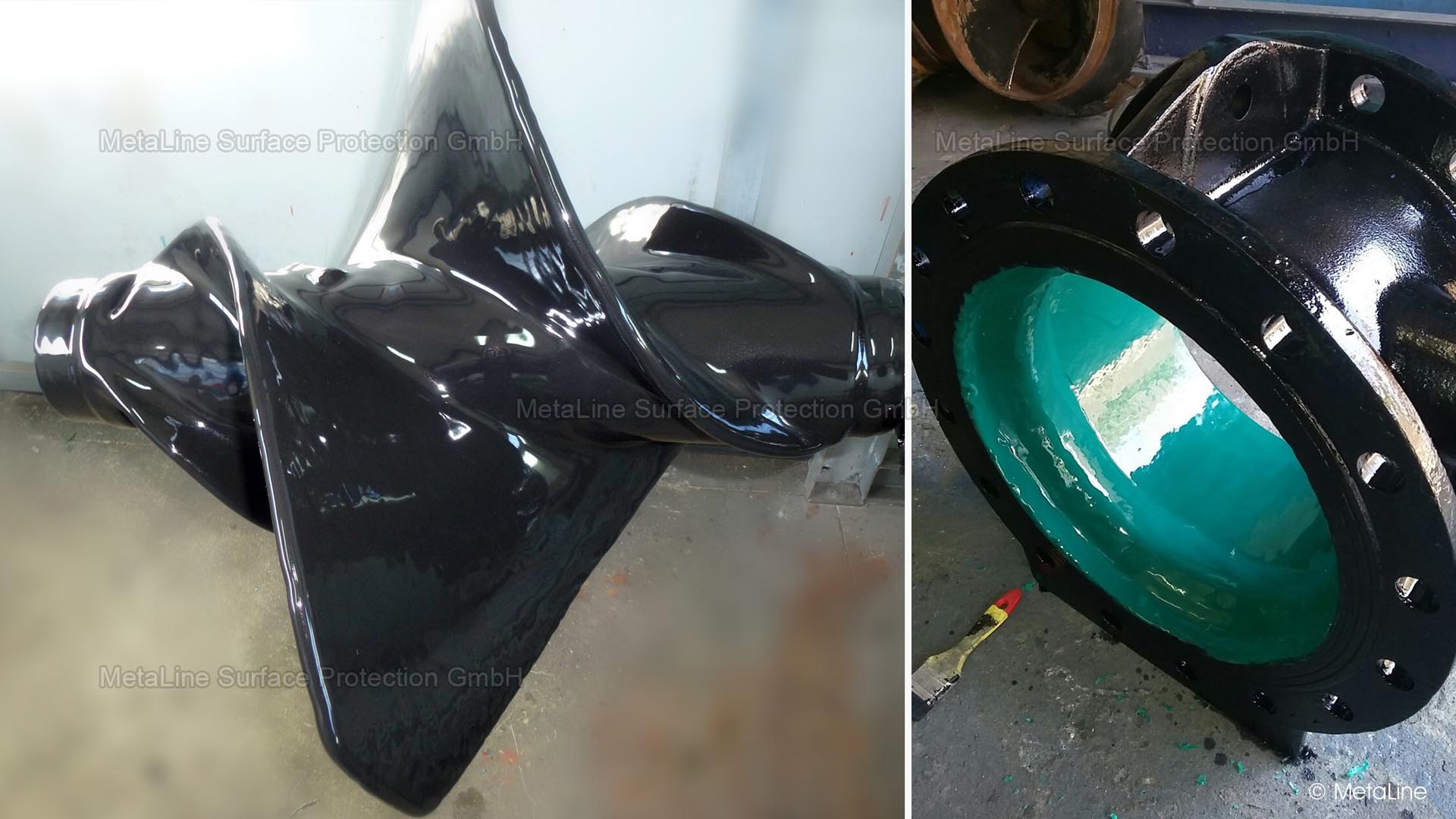 Protección contra el desgaste para mezcladores: MetaLine 795, que combina protección contra el desgaste para mezcladores con un recubrimiento antiadherente funcional sin silicona. En el caso de este cliente, se aplica tanto en el mezclador mismo como en la salida de descarga