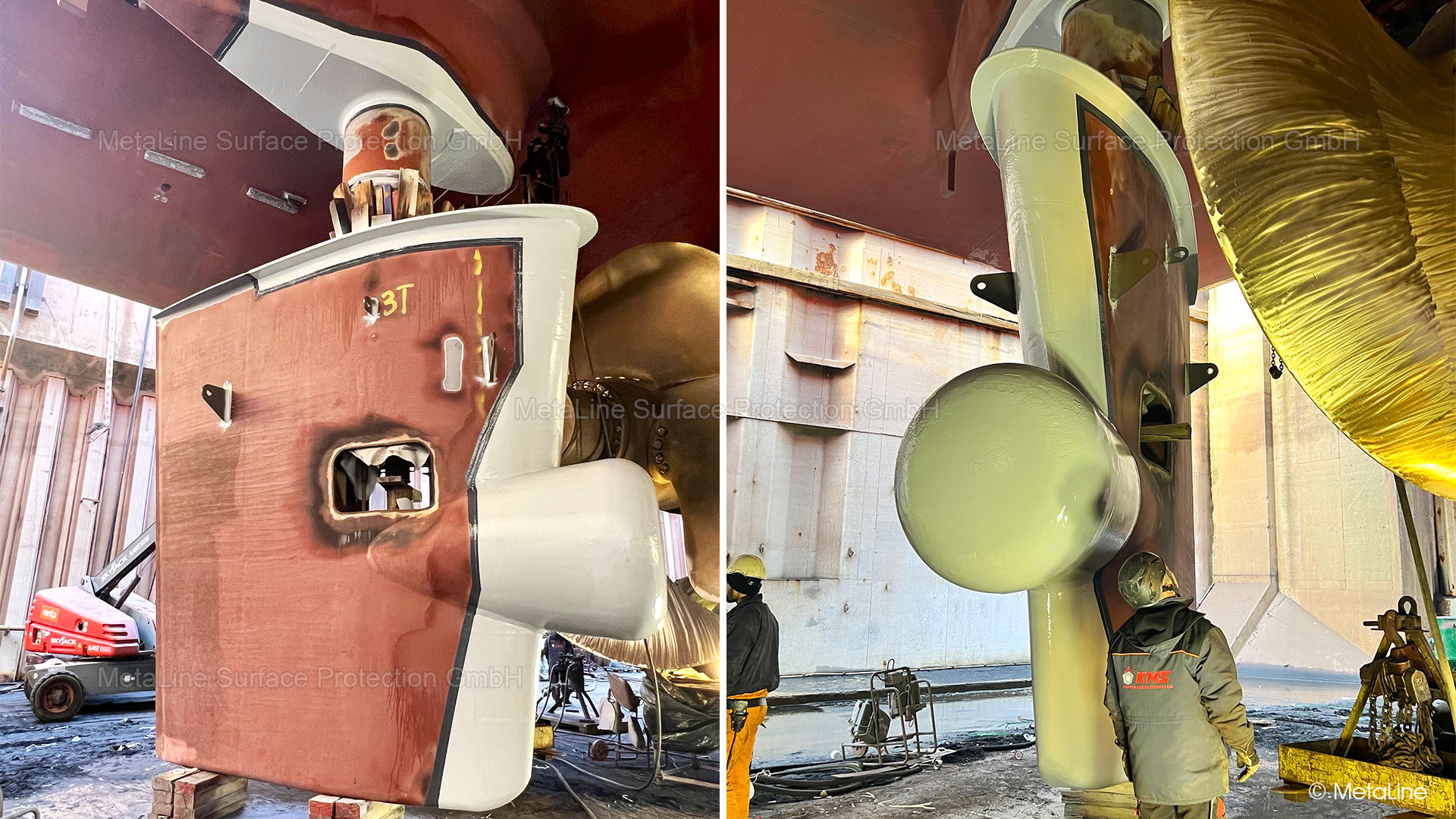 Rudder protective coating - above 18 knots speed, the need for high-performance cavitation protection increases, which simply can no longer be provided by steel and paint. MetaLine 785 is now also used directly by rudder manufacturers, especially on ferries. More reference is not possible!