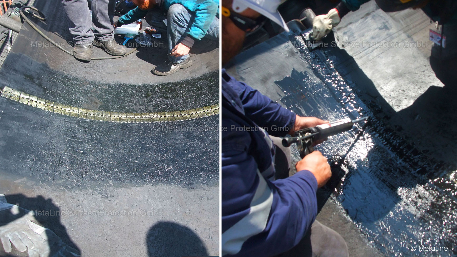 Conveyor belt splice - Coating a metal-clamped belt splice with MetaLine 760. This measure extends the service life of the metal fasteners. No great effort but a big difference in the service life of the conveyor belt. Optimize the existing with just a few simple steps - MetaLine!