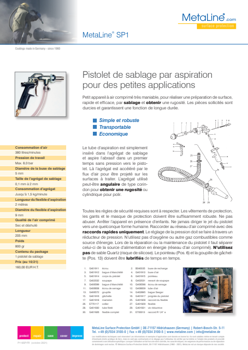 Série SP1: Pistolet de sablage