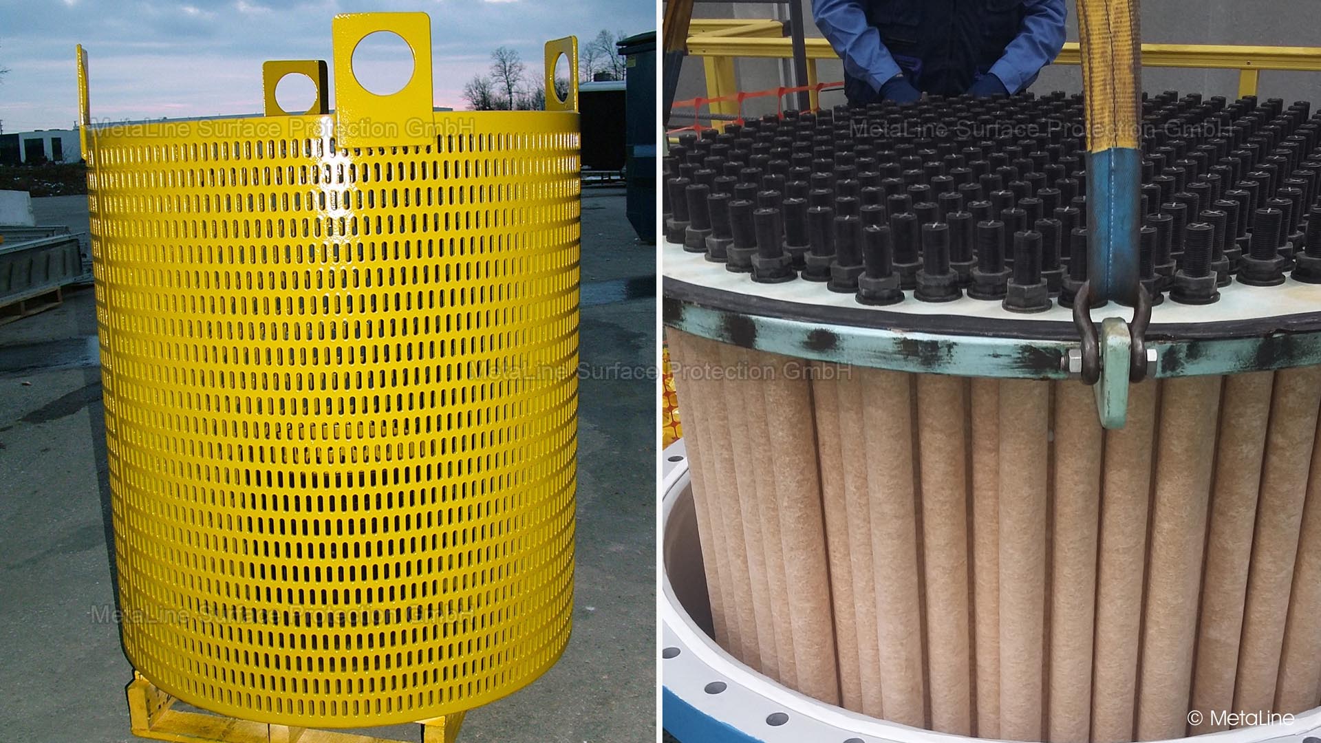 Rivestimento del filtro - questo cestello del filtro è stato rivestito internamente con MetaLine 785 da 3 mm. Tuttavia, un concetto completo comprende anche la protezione dalla corrosione nei fori e all'esterno! Un sottile strato di MetaLine 785 da 1 mm completa la protezione e impedisce al rivestimento interno di staccarsi!