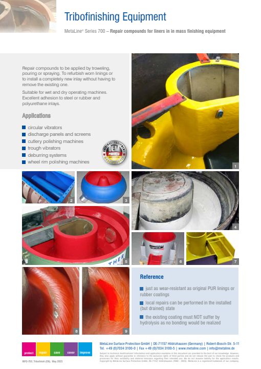 Tribofinishing Equipment: Repair compounds for liners in in mass finishing equipment