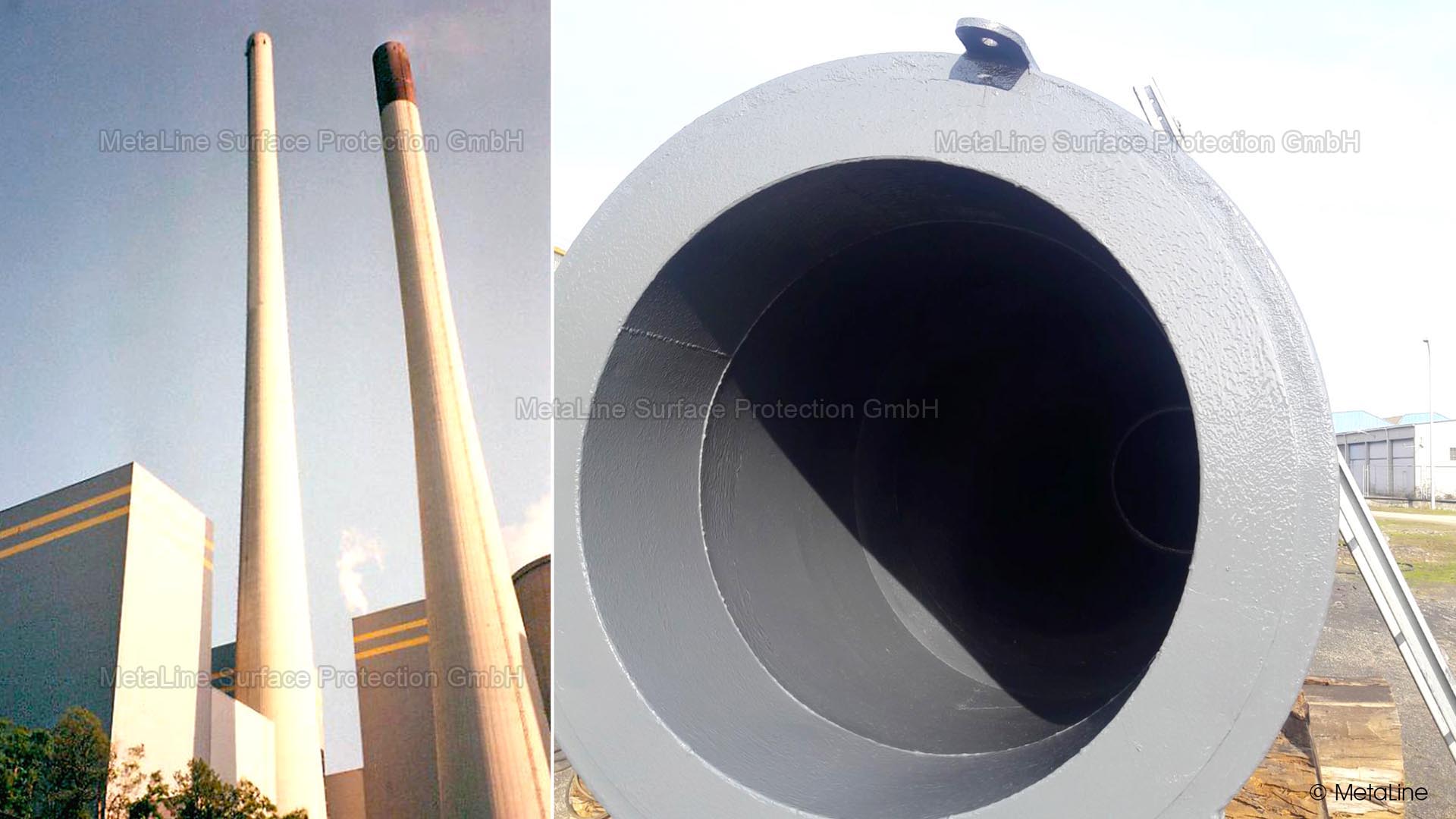 Revestimiento de una chimenea de acero - esta chimenea de acero de aprox. 30 metros de altura fue revestida tumbada - por dentro - ¡y luego levantada! A pesar de los momentos de flexión durante el izado, no se produjeron grietas ni desconchados en el revestimiento MetaLine 100XTM.