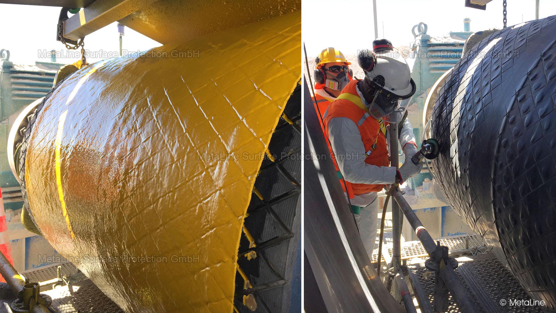 Drive pulley coating - insufficient friction caused the conveyor belt to spin in this Chilean copper mine. The drive pulley was prepared in its installed state and coated with 3 mm MetaLine 785. This allowed the static friction to be increased to a my(0) of 0.6. The customer was delighted with the function!