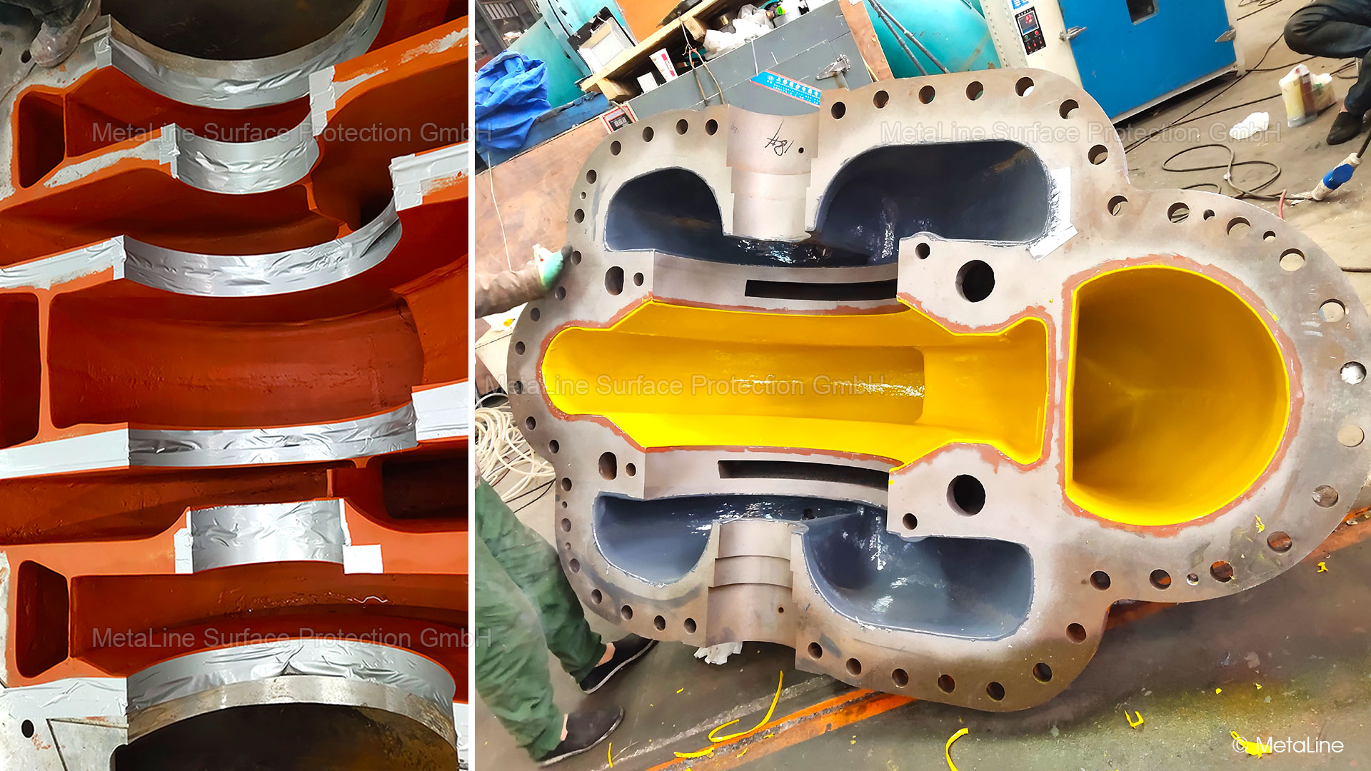 Axial geteiltes Pumpengehäuse beschichtet mit 2,5 mm MetaLine 785. Einsatzort „yellow river in China“. Unter „Service/Unternehmen/Referenzen“ finden Sie Bilder des Gehäuses nach 4 Jahren im Einsatz