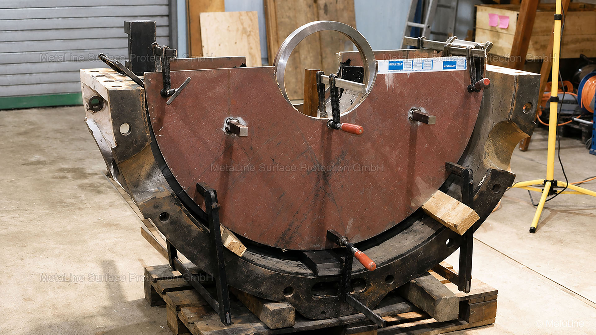 Réparation du siège de roulement - les surfaces d'étanchéité verticales et le siège de roulement ont été moulés sous forme de pâte à l'aide d'une plaque d'acier et d'un duplicata de la bague de roulement. Pendant le temps de traitement du MetaLine SXL, l'ajustement des gabarits a été mesuré et ajusté à la dimension exacte
