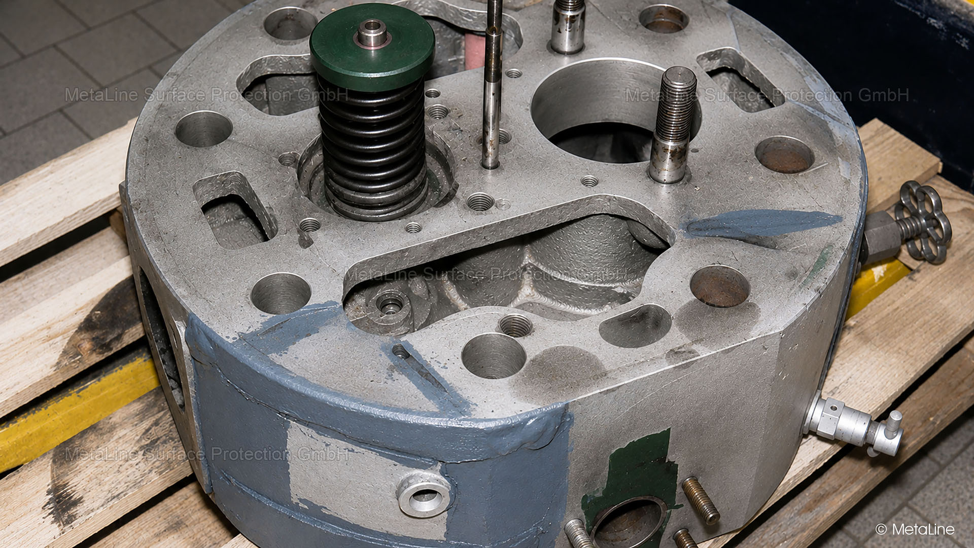Reparo de quebra - durante a medida de reparo com a cerâmica de reparo MetaLine SXL. Para absorver a expansão térmica operacional na fundição, devem ser instaladas 2 barras de tensão adicionais