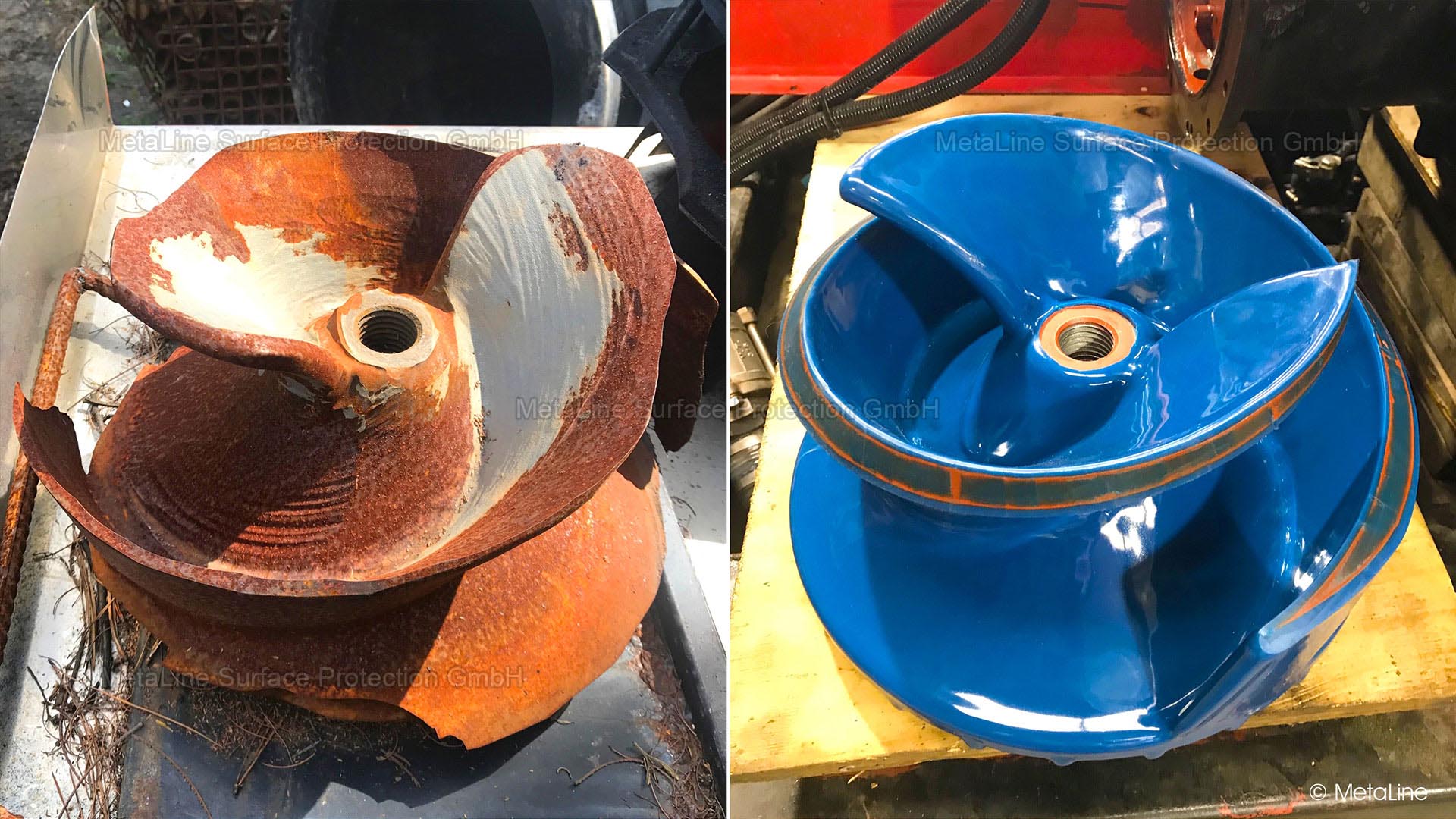 Réparation de la roue de la pompe - avant et après ! Notre concurrence, ce sont des matériaux de réparation peints ou enduits - encore partiellement reconnaissables sur la photo de gauche. À droite, vous voyez nos matériaux de construction, qui peuvent également être utilisés après coup dans une situation de réparation. On ne peut pas faire mieux en matière de qualité !