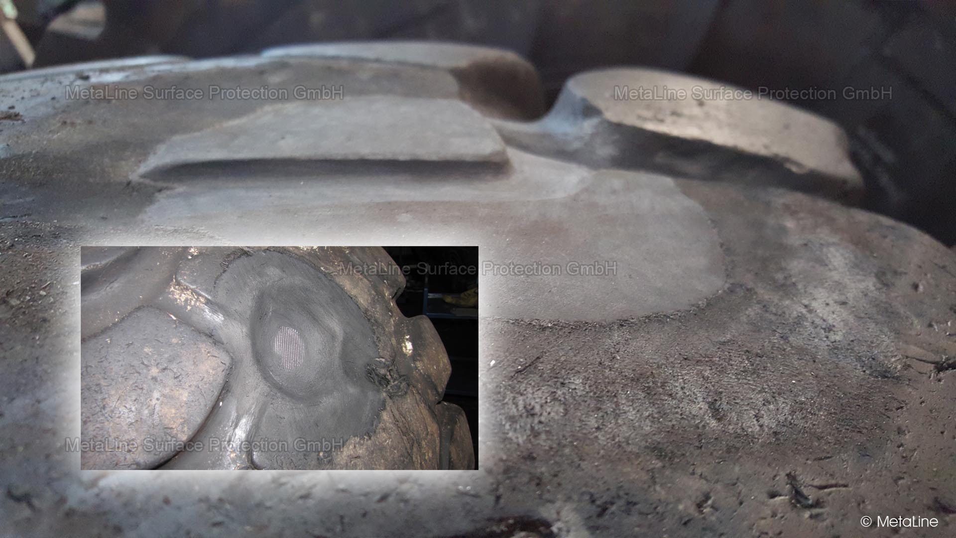 Damage to the tread of a solid rubber tire. With the necessary knowledge and our process, a perfect repair option with MetaLine 680. Quick and easy? No - certainly not! We don't sell illusions, but proven technical solutions. Elaborate, but good!
