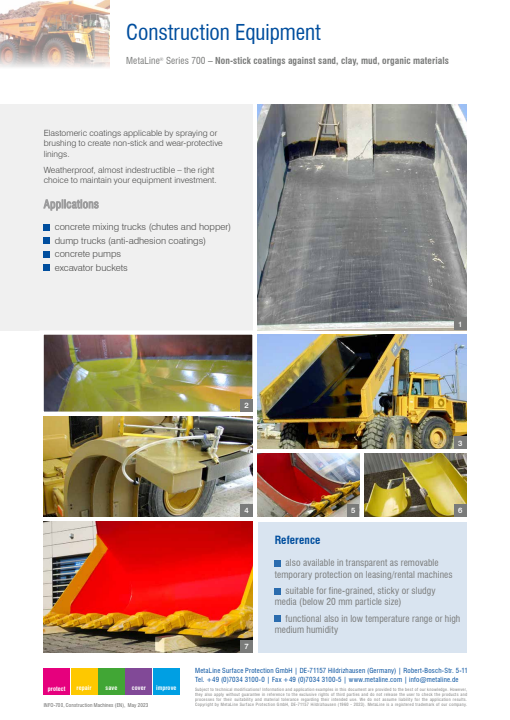 Construction Equipment: Non-stick coatings against sand, clay, mud, organic materials