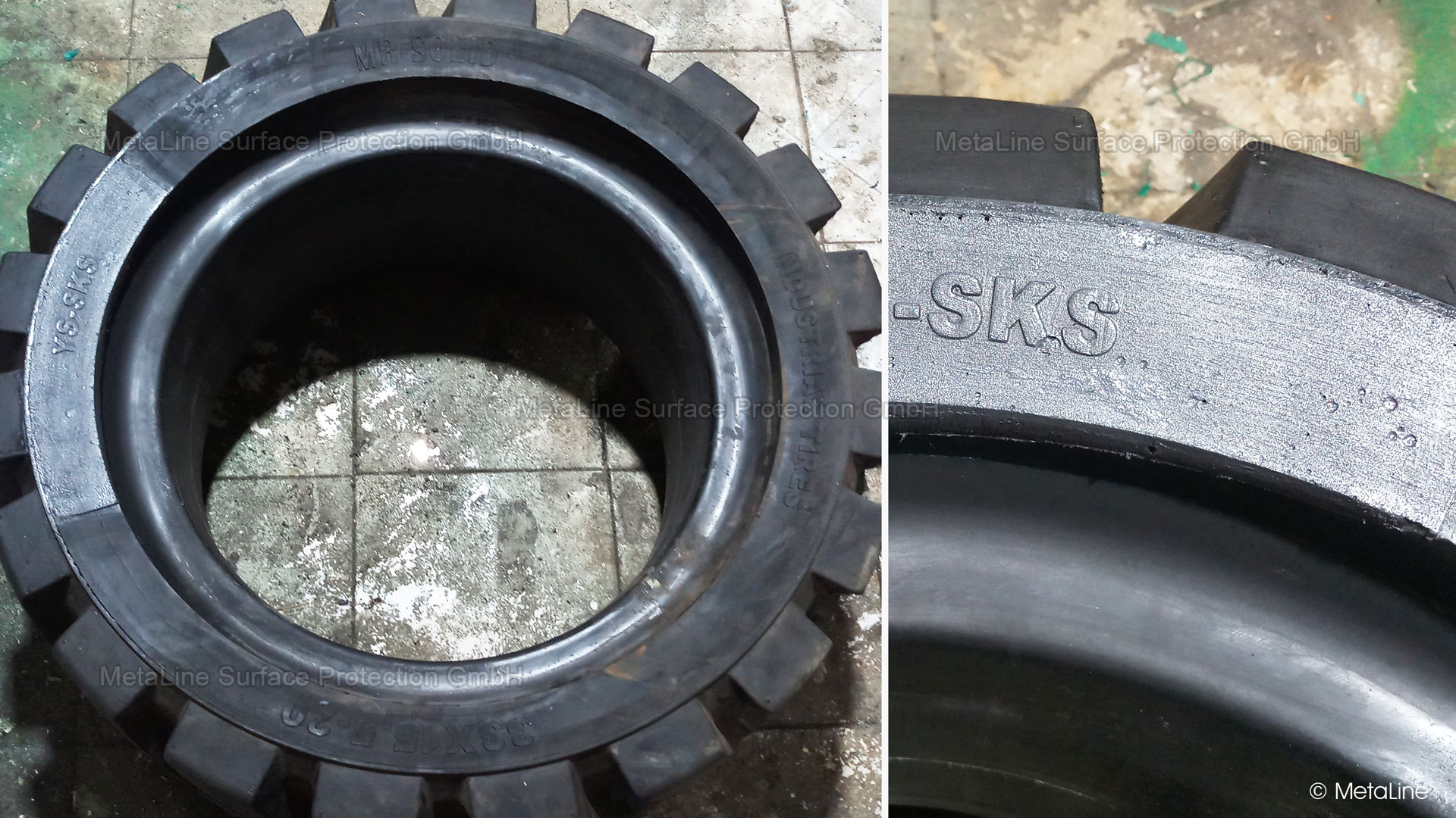 Forklift tires - this repair was carried out using a template to obtain the tire marking. The template was taken from an intact tire. Somewhat time-consuming but customer request . . .
