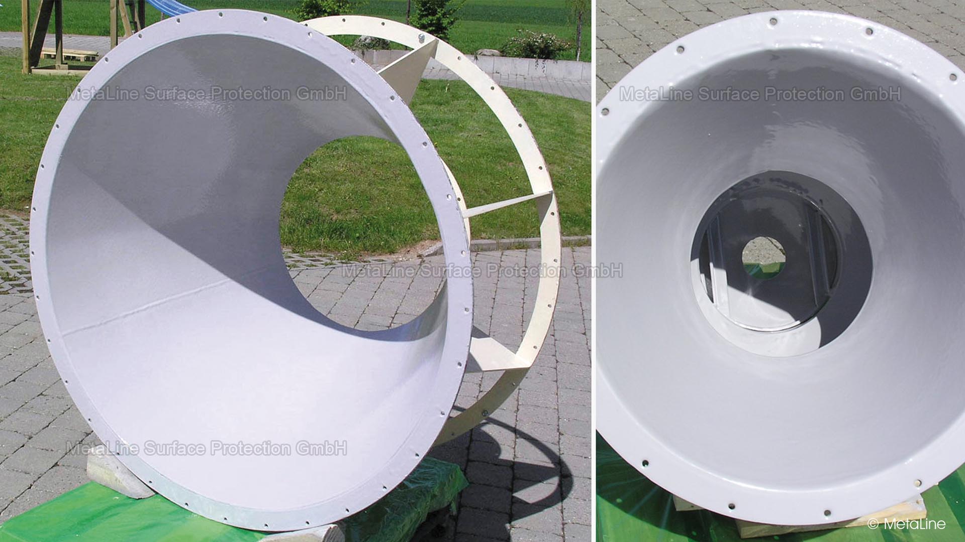 Cyclone coating - a 4 mm (160 mils) layer of MetaLine 785 gives this cyclone a second life for blast media recycling. Elastomeric wear protection in a completely seamless and therefore technically perfect form. Including the flange areas: No more infiltration and no more detachment!